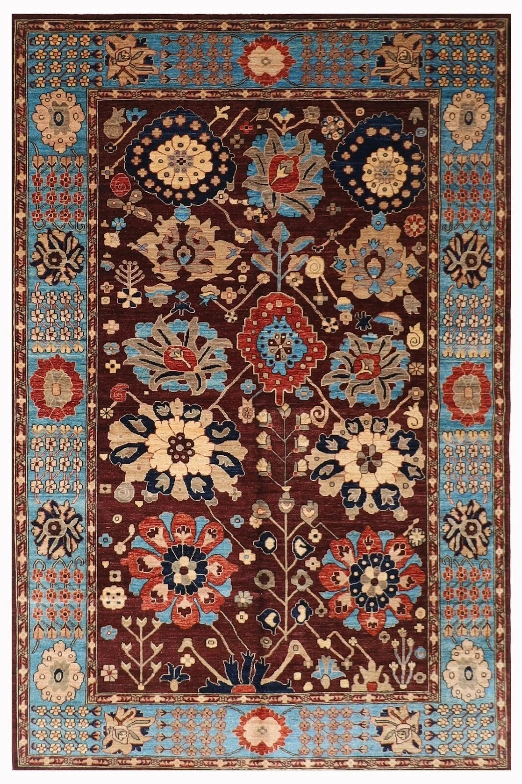 182 x 275 cm | Floral Brown Afghan Tribal Hand Knotted Veg Dye Wool Carpet