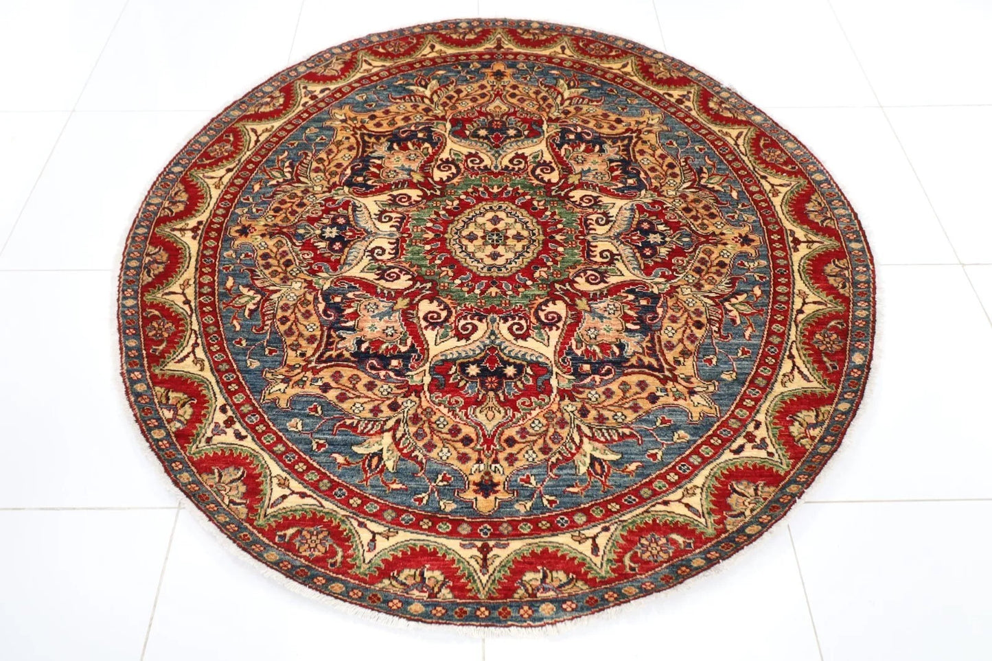 189 x 189 cm | Kazak Afghan Tribal Hand Knotted Wool Round Carpet