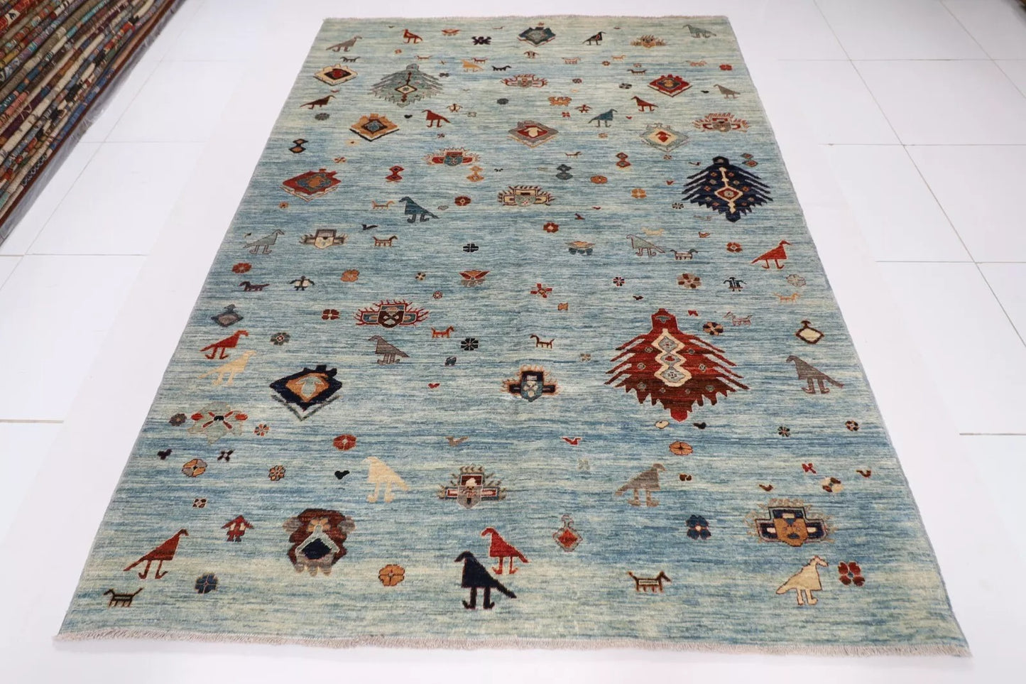 190 x 268 cm | Gabbeh Animal Blue Afghan Tribal Hand Knotted Veg Dye Wool Carpet