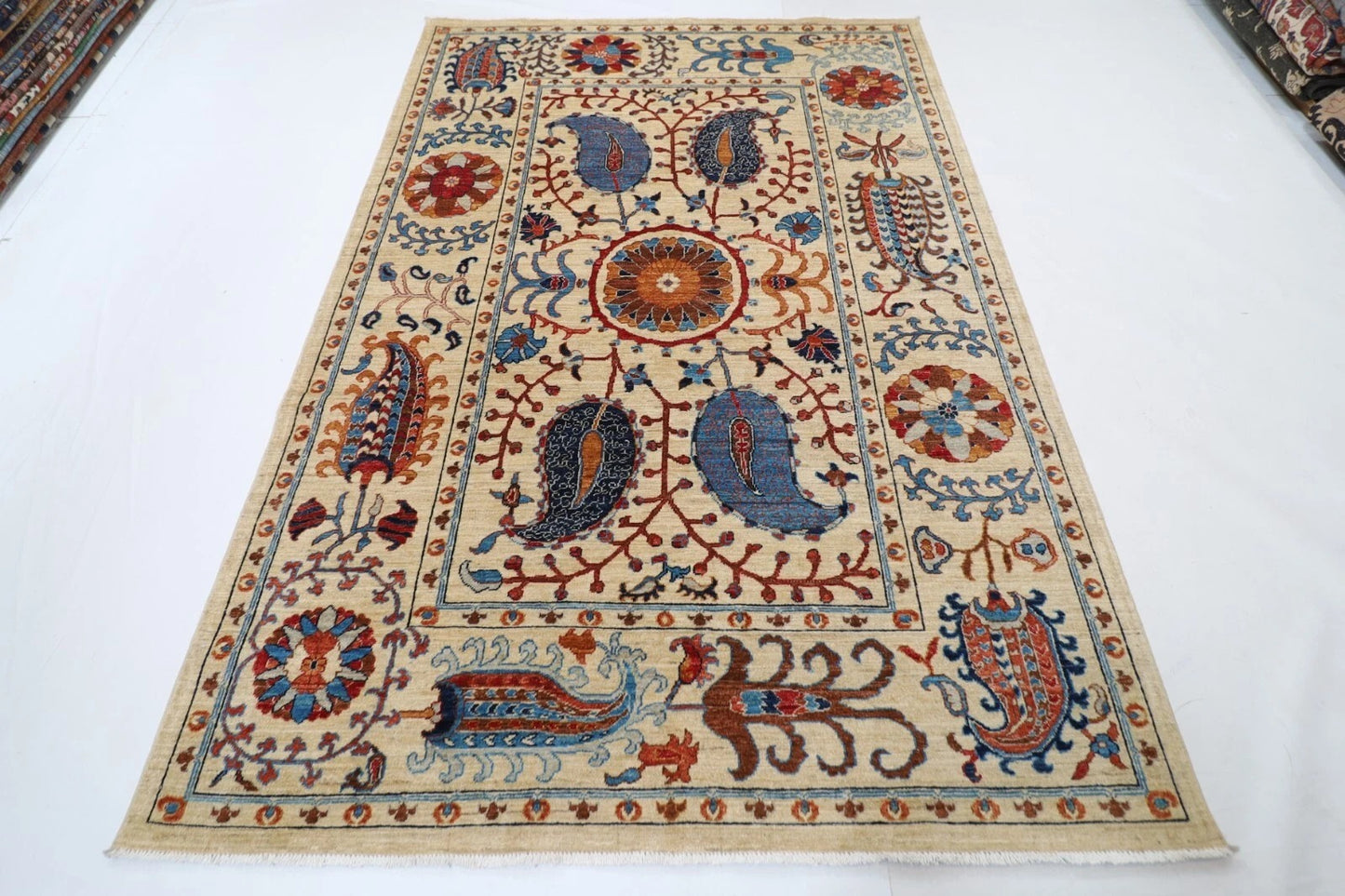 184 x 268 cm | Suzani Beige Afghan Tribal Hand Knotted Veg Dye Wool carpet