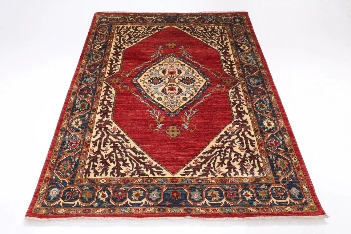 151 x 197 cm | Heriz Afghan Tribal Hand Knotted Veg Dye Wool Carpet