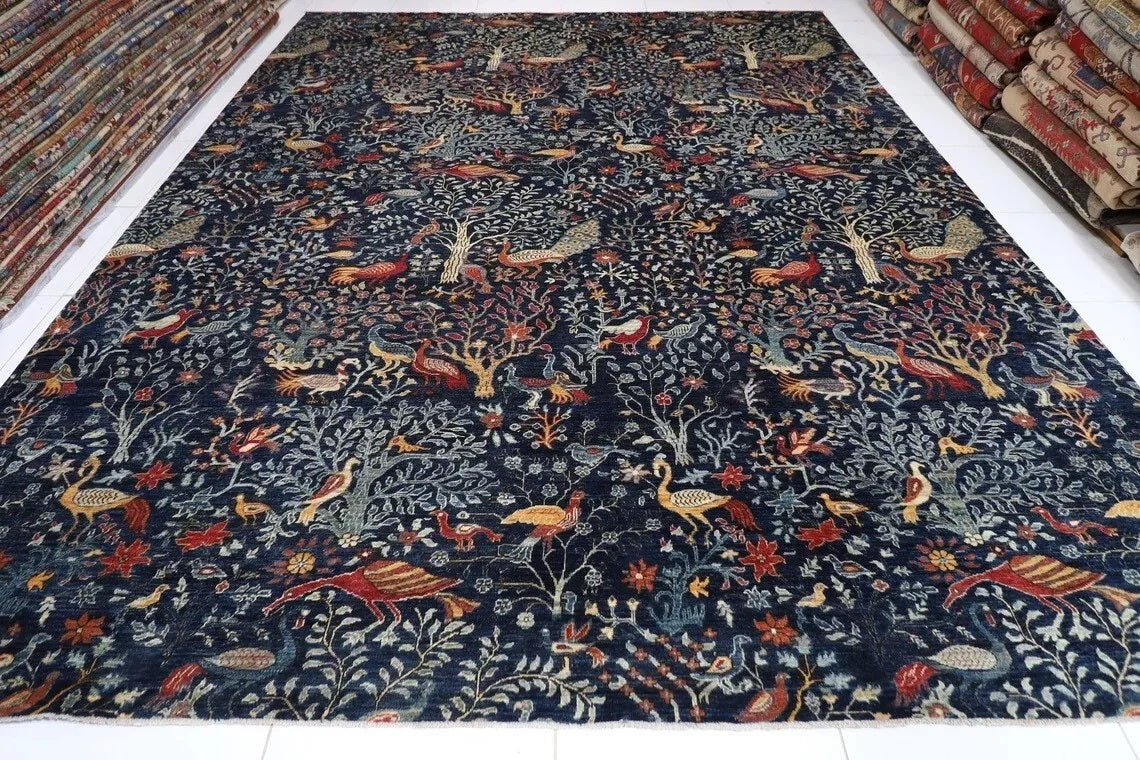 361 x 460 cm | Birds Navy Blue Handmade Large Size Afghan Area Rug Hand Knotted Carpet Living Room Rug