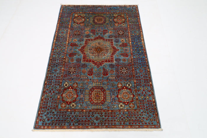 100 x 147 cm | Mamluk Blue Oriental Area Rug Afghan Hand Knotted Veg Dye Wool carpet