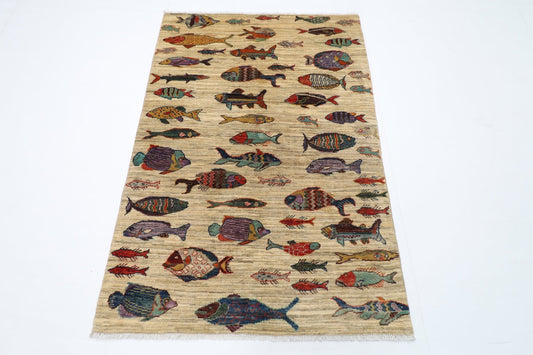 100 x 149 cm | Fish Oriental Area Rug Afghan Hand Knotted Veg Dye Wool carpet - ART WOOL CARPET