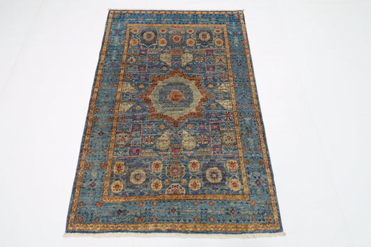 100 x 150 cm | Mamluk Blue Oriental Area Rug Afghan Hand Knotted Veg Dye Wool carpet - ART WOOL CARPET
