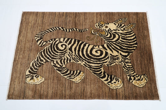 100 x 151 cm | Tiger brown Oriental Area Rug Afghan Hand Knotted Veg Dye Wool carpet - ART WOOL CARPET
