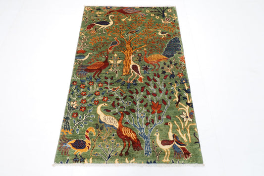 100 x 154 cm | Birds Green Oriental Area Rug Afghan Hand Knotted Veg Dye Wool carpet - ART WOOL CARPET