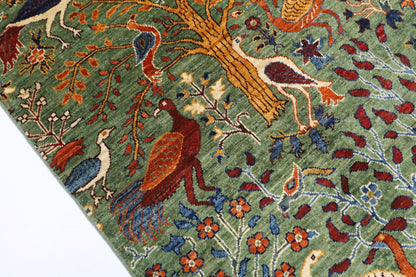 100 x 154 cm | Birds Green Oriental Area Rug Afghan Hand Knotted Veg Dye Wool carpet - ART WOOL CARPET