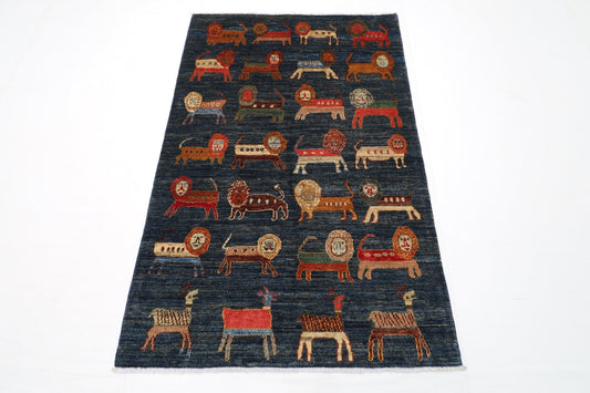 100 x 155 cm | Lion Blue Oriental Area Rug Afghan Hand Knotted Veg Dye Wool carpet - ART WOOL CARPET
