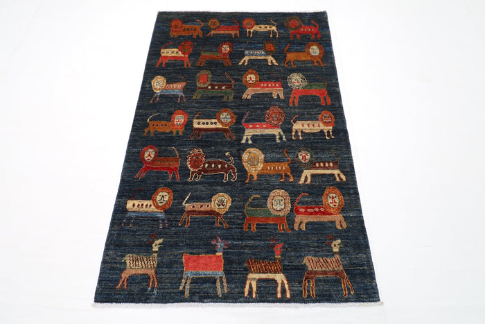 100 x 155 cm | Lion Blue Oriental Area Rug Afghan Hand Knotted Veg Dye Wool carpet