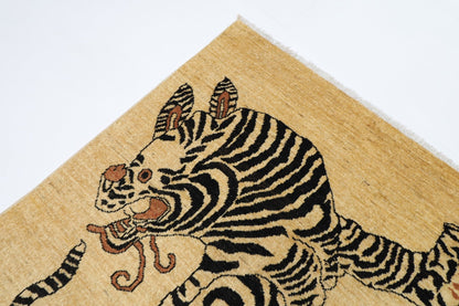 101 x 153 cm | Tiger Beige Oriental Area Rug Afghan Hand Knotted Veg Dye Wool carpet - ART WOOL CARPET