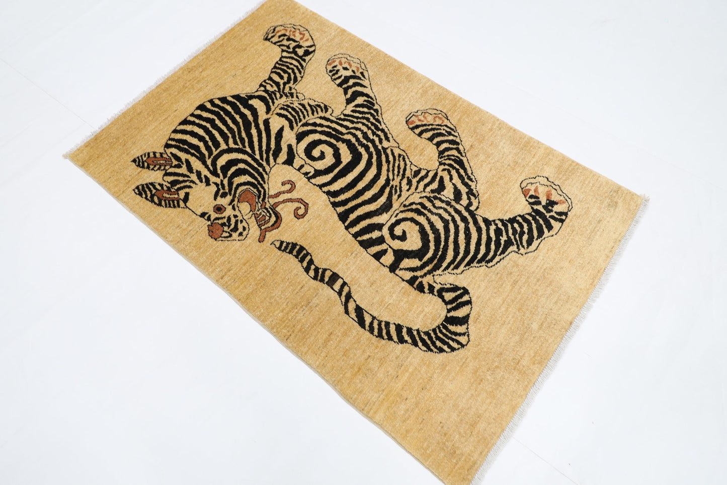 101 x 153 cm | Tiger Beige Oriental Area Rug Afghan Hand Knotted Veg Dye Wool carpet - ART WOOL CARPET