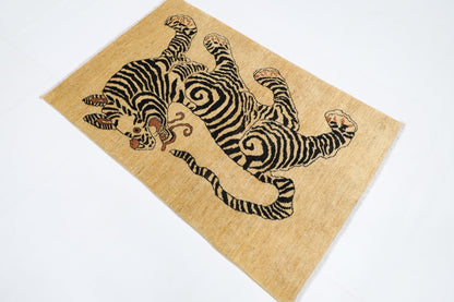 101 x 153 cm | Tiger Beige Oriental Area Rug Afghan Hand Knotted Veg Dye Wool carpet - ART WOOL CARPET