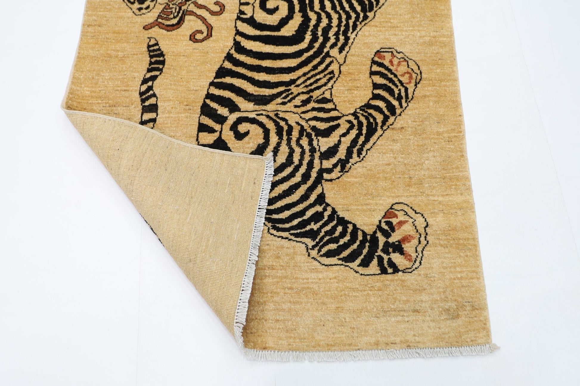 101 x 153 cm | Tiger Beige Oriental Area Rug Afghan Hand Knotted Veg Dye Wool carpet - ART WOOL CARPET