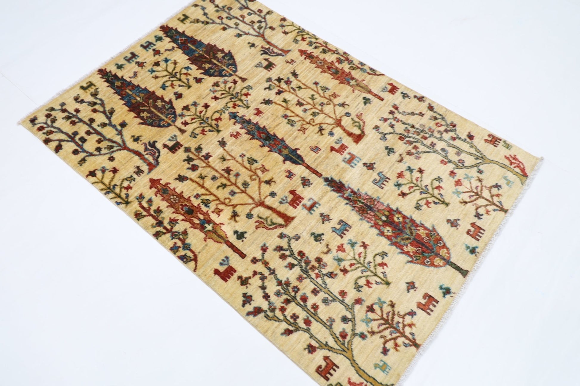 102 x 147 cm | Tree of life Oriental Area Rug Afghan Hand Knotted Veg Dye Wool carpet - ART WOOL CARPET