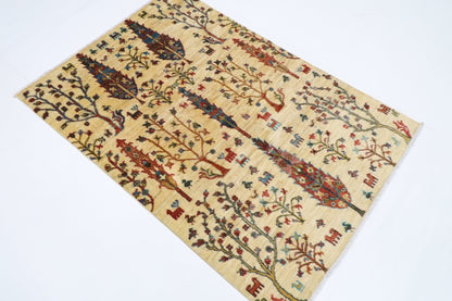 102 x 147 cm | Tree of life Oriental Area Rug Afghan Hand Knotted Veg Dye Wool carpet - ART WOOL CARPET