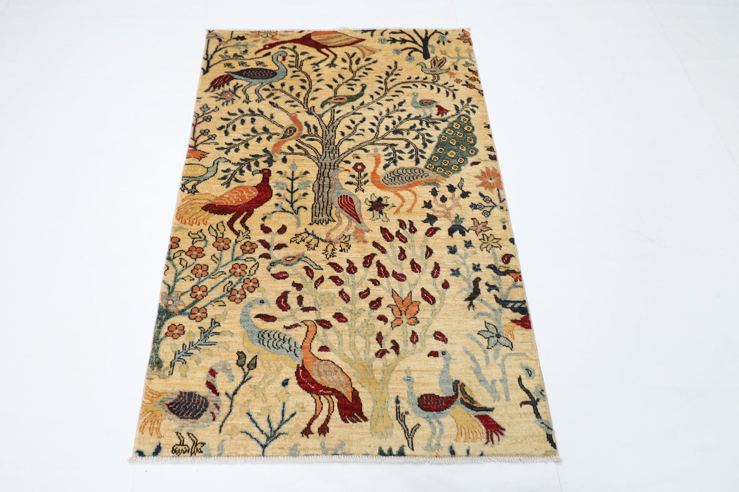 102 x 150 cm | Birds Beige Oriental Area Rug Afghan Hand Knotted Veg Dye Wool carpet - ART WOOL CARPET