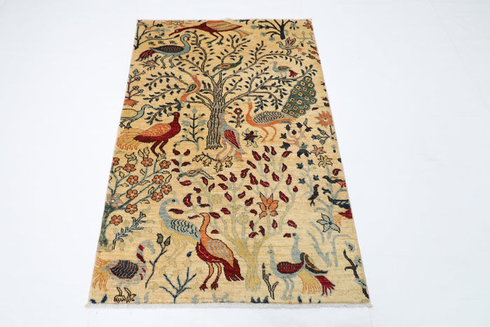 102 x 150 cm | Birds Beige Oriental Area Rug Afghan Hand Knotted Veg Dye Wool carpet