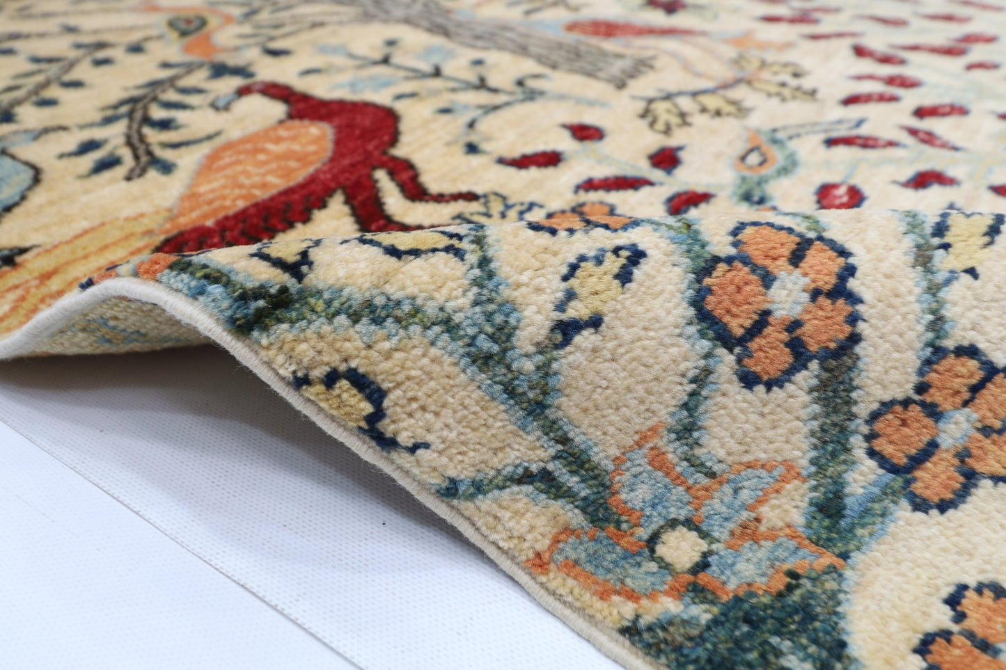 102 x 150 cm | Birds Beige Oriental Area Rug Afghan Hand Knotted Veg Dye Wool carpet - ART WOOL CARPET