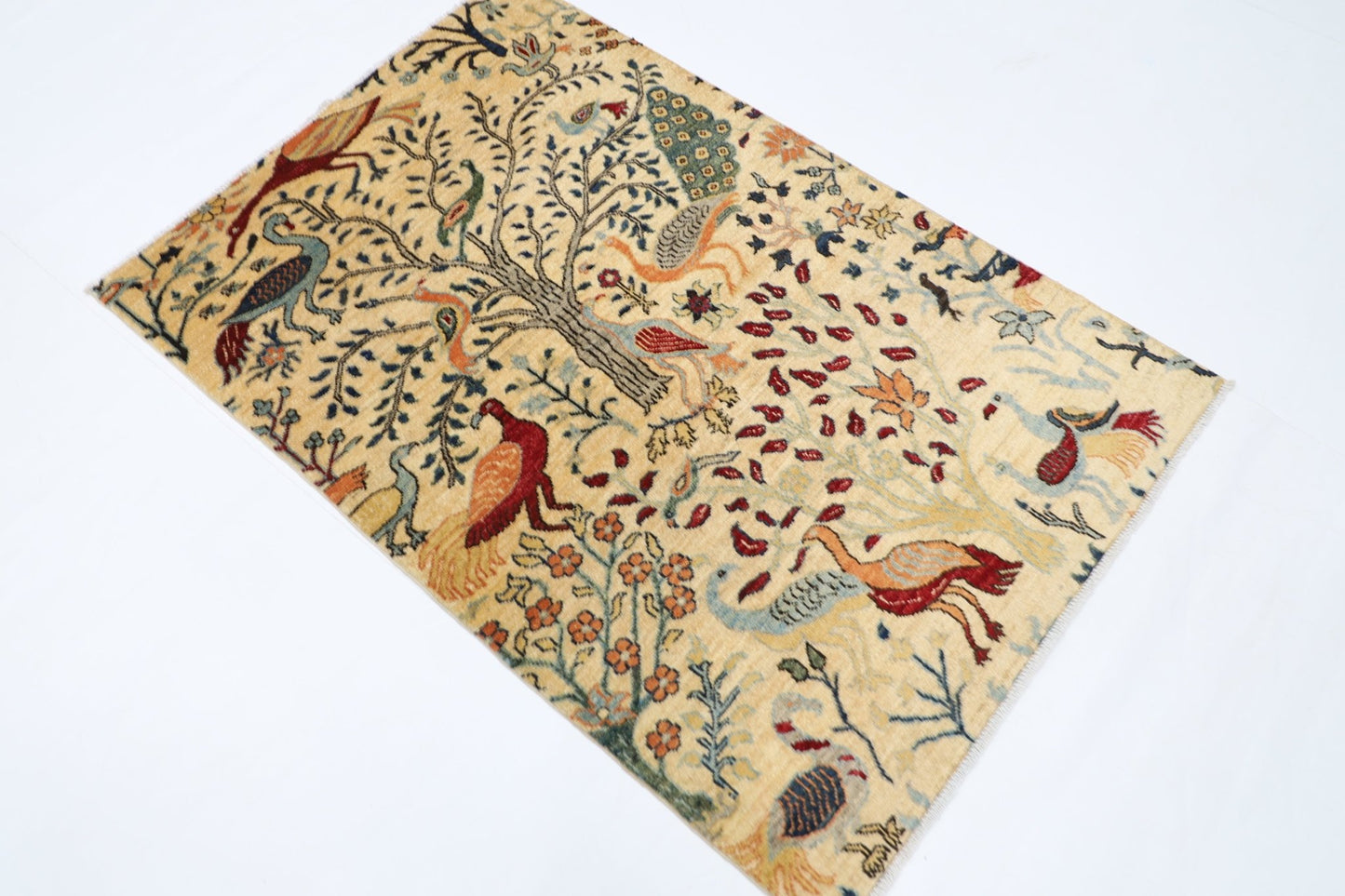 102 x 150 cm | Birds Beige Oriental Area Rug Afghan Hand Knotted Veg Dye Wool carpet - ART WOOL CARPET