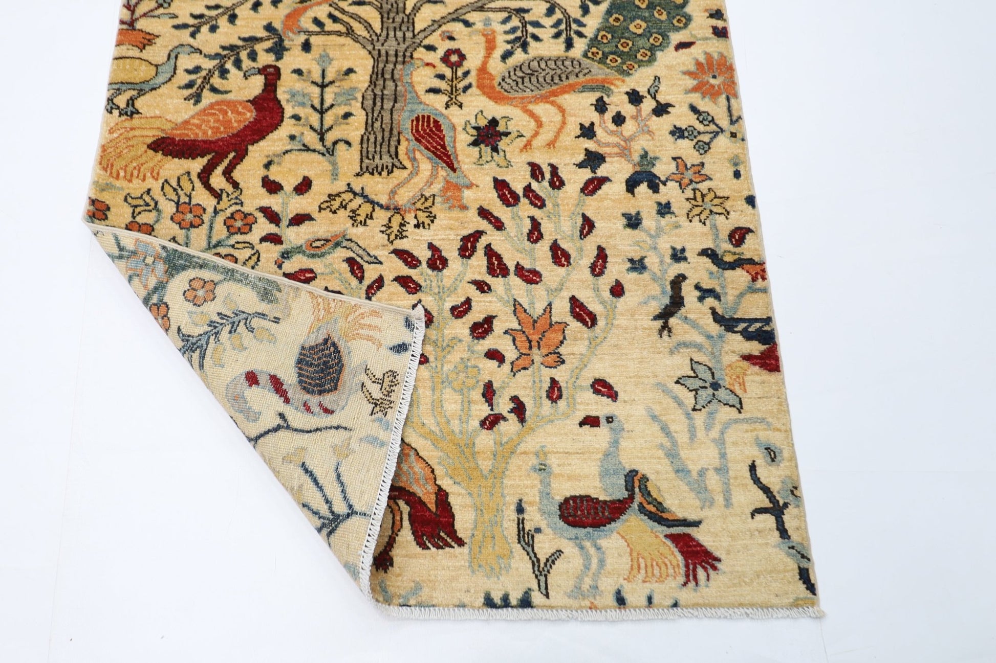 102 x 150 cm | Birds Beige Oriental Area Rug Afghan Hand Knotted Veg Dye Wool carpet - ART WOOL CARPET