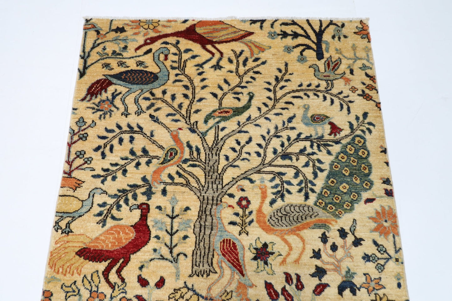 102 x 150 cm | Birds Beige Oriental Area Rug Afghan Hand Knotted Veg Dye Wool carpet - ART WOOL CARPET