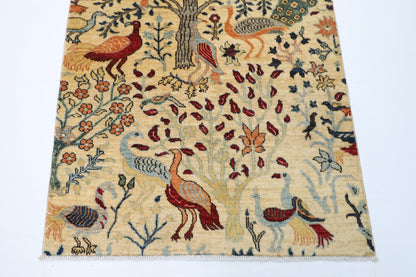 102 x 150 cm | Birds Beige Oriental Area Rug Afghan Hand Knotted Veg Dye Wool carpet - ART WOOL CARPET