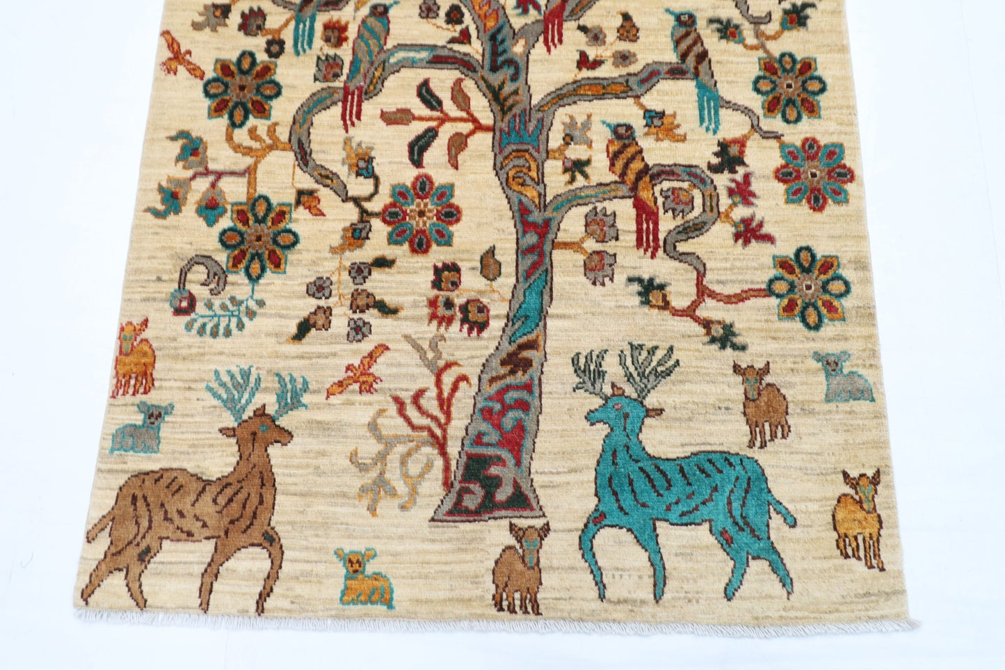 102 x 152 cm | Oriental Tree of life Animal Area Rug Afghan Hand Knotted Veg Dye Wool carpet - ART WOOL CARPET