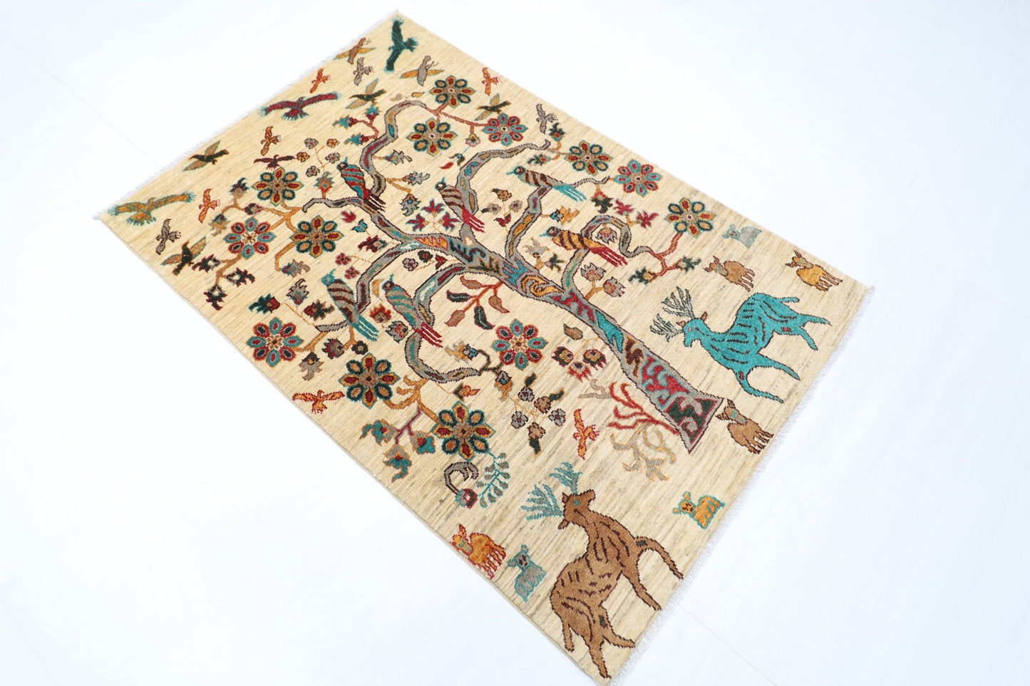 102 x 152 cm | Oriental Tree of life Animal Area Rug Afghan Hand Knotted Veg Dye Wool carpet - ART WOOL CARPET