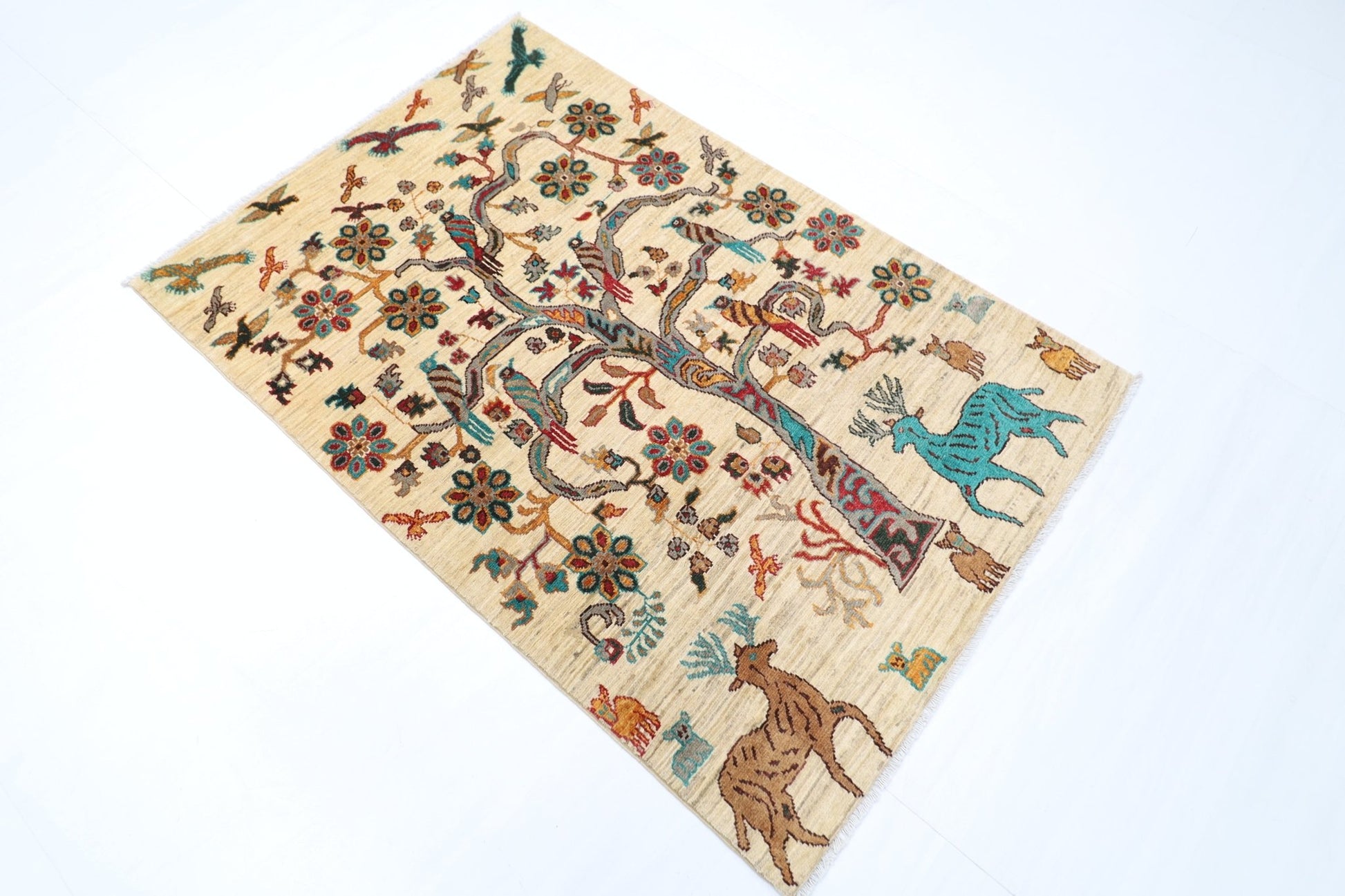102 x 152 cm | Oriental Tree of life Animal Area Rug Afghan Hand Knotted Veg Dye Wool carpet - ART WOOL CARPET