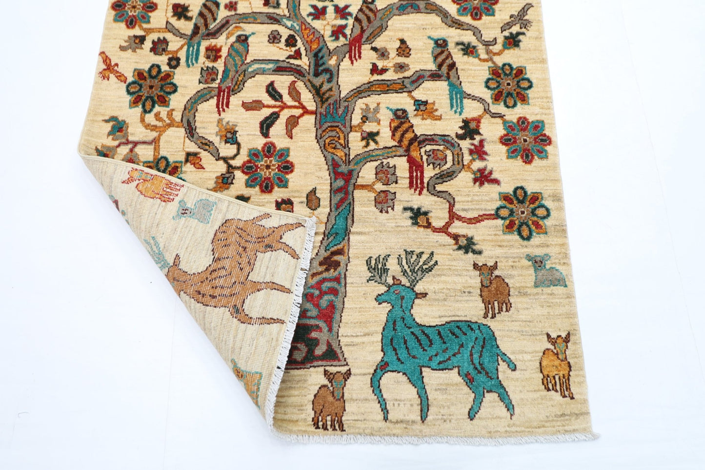 102 x 152 cm | Oriental Tree of life Animal Area Rug Afghan Hand Knotted Veg Dye Wool carpet - ART WOOL CARPET