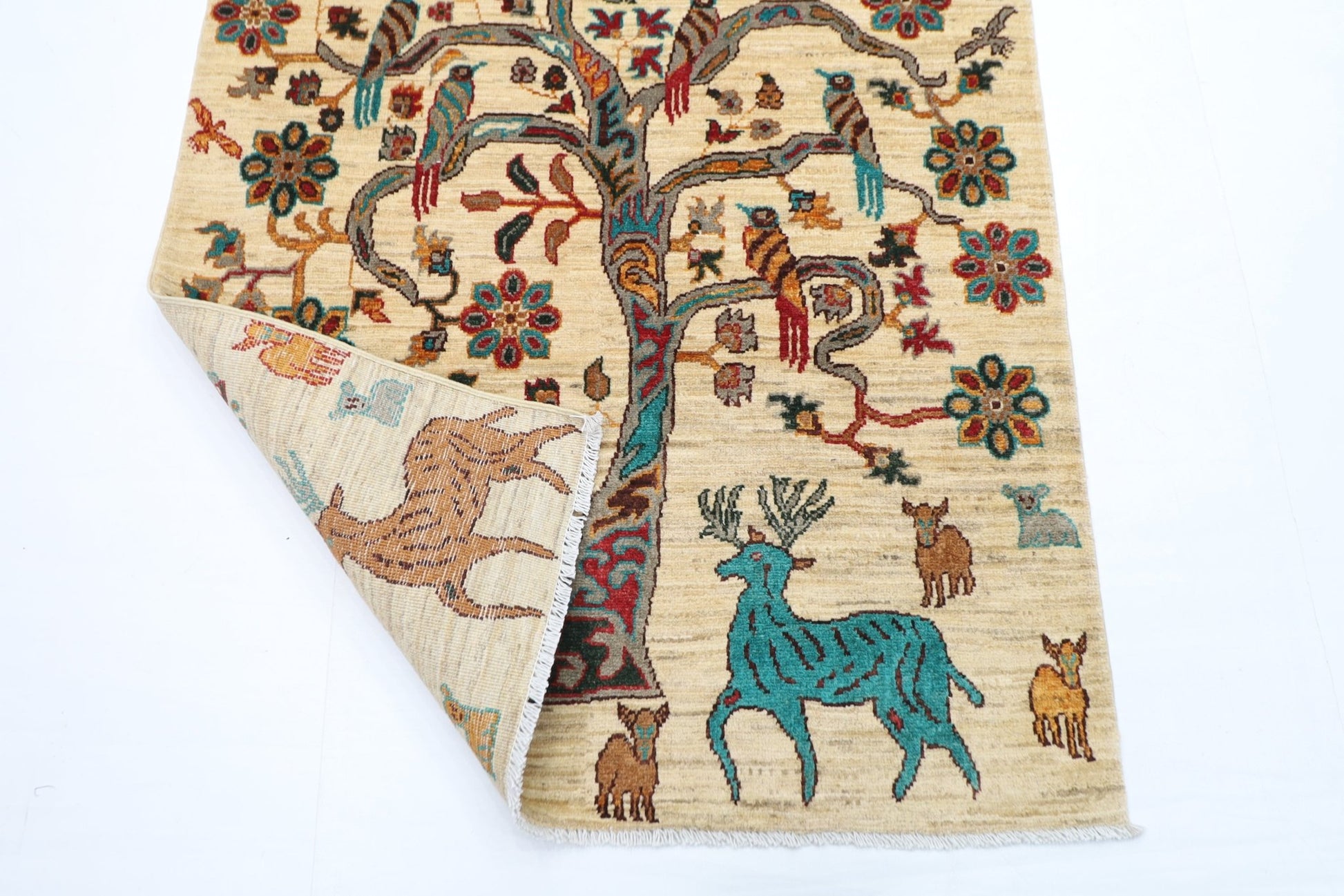 102 x 152 cm | Oriental Tree of life Animal Area Rug Afghan Hand Knotted Veg Dye Wool carpet - ART WOOL CARPET