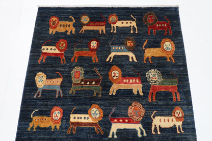 102 x 153 cm | Lion Blue Area Rug Afghan Hand Knotted veg Dye Wool carpet - ART WOOL CARPET