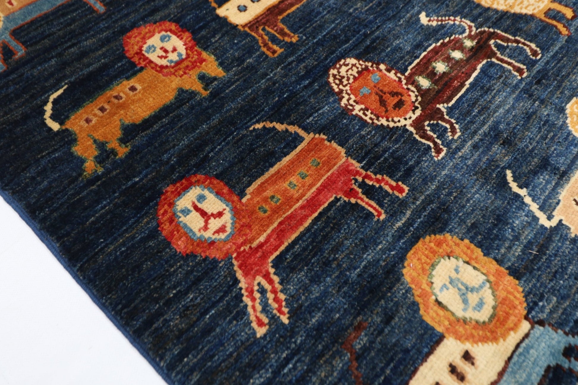 102 x 153 cm | Lion Blue Area Rug Afghan Hand Knotted veg Dye Wool carpet - ART WOOL CARPET