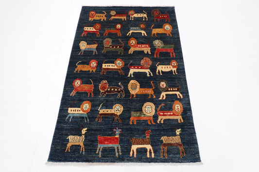 102 x 153 cm | Lion Blue Area Rug Afghan Hand Knotted veg Dye Wool carpet - ART WOOL CARPET