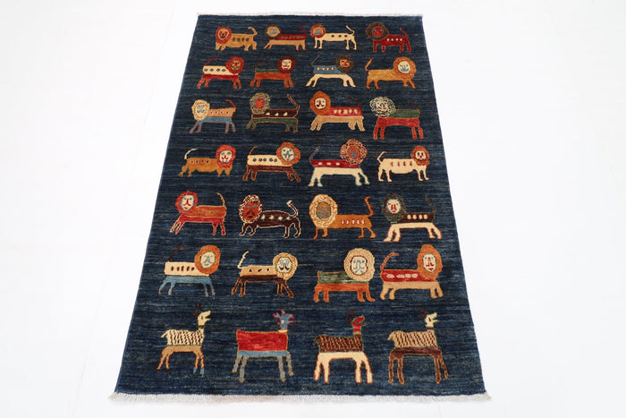 102 x 153 cm | Lion Blue Area Rug Afghan Hand Knotted veg Dye Wool carpet