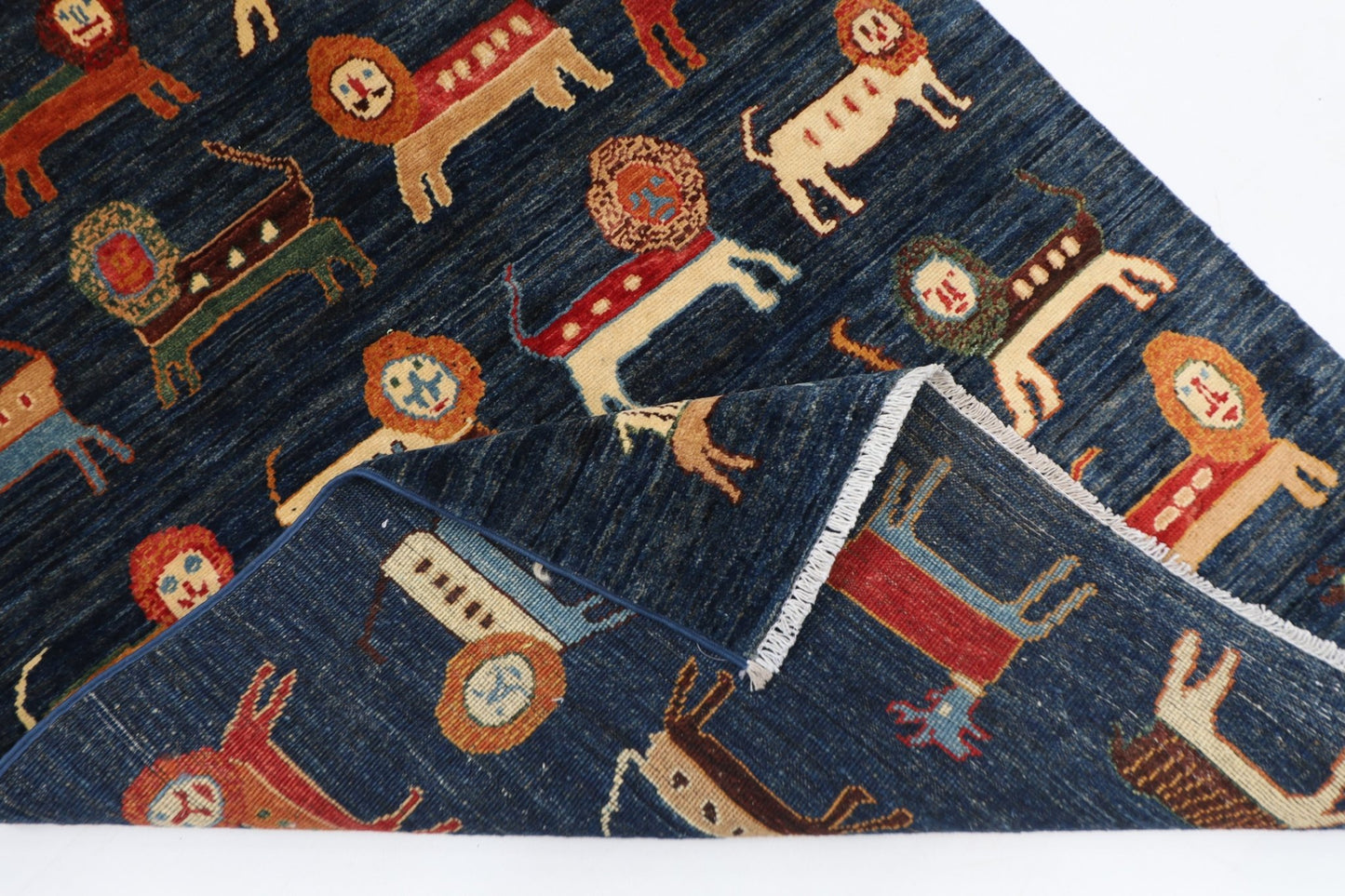 102 x 153 cm | Lion Blue Area Rug Afghan Hand Knotted veg Dye Wool carpet - ART WOOL CARPET