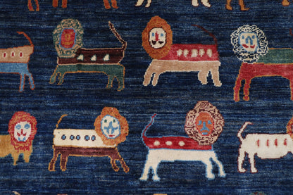 102 x 153 cm | Lion Blue Area Rug Afghan Hand Knotted veg Dye Wool carpet - ART WOOL CARPET