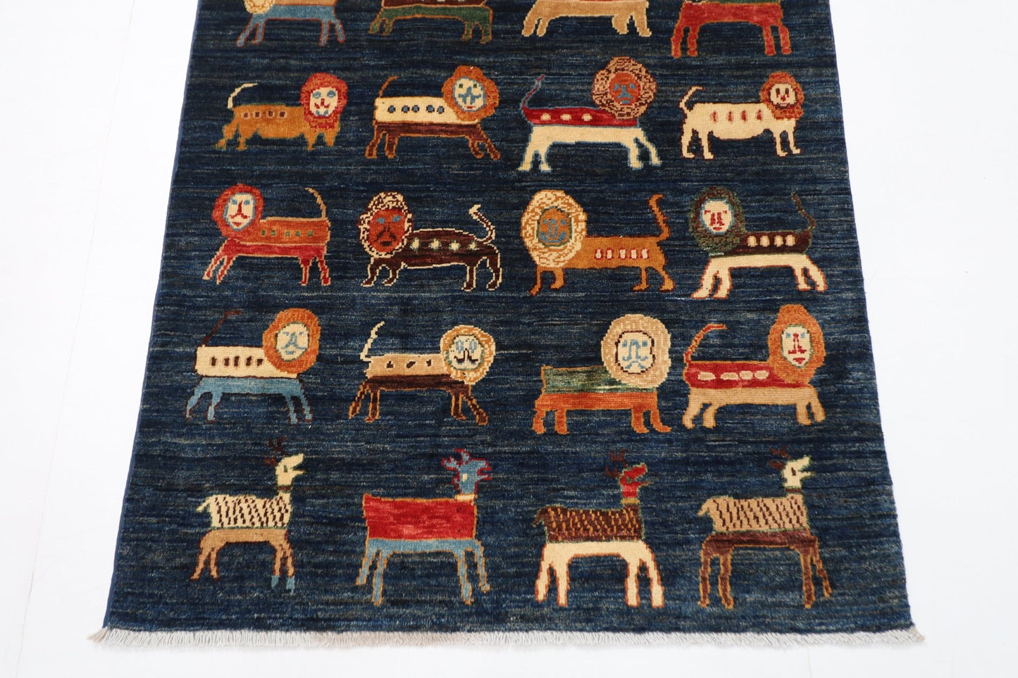 102 x 153 cm | Lion Blue Area Rug Afghan Hand Knotted veg Dye Wool carpet - ART WOOL CARPET