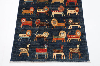 102 x 153 cm | Lion Blue Area Rug Afghan Hand Knotted veg Dye Wool carpet - ART WOOL CARPET