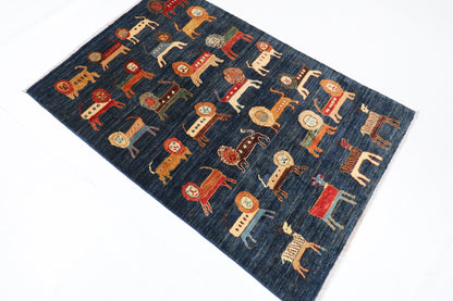 102 x 153 cm | Lion Blue Area Rug Afghan Hand Knotted veg Dye Wool carpet - ART WOOL CARPET