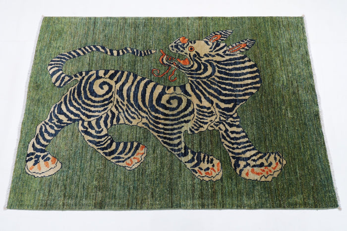 103 x 148 cm | Tribal Tiger Green Area Rug Afghan Hand Knotted veg Dye Wool carpet