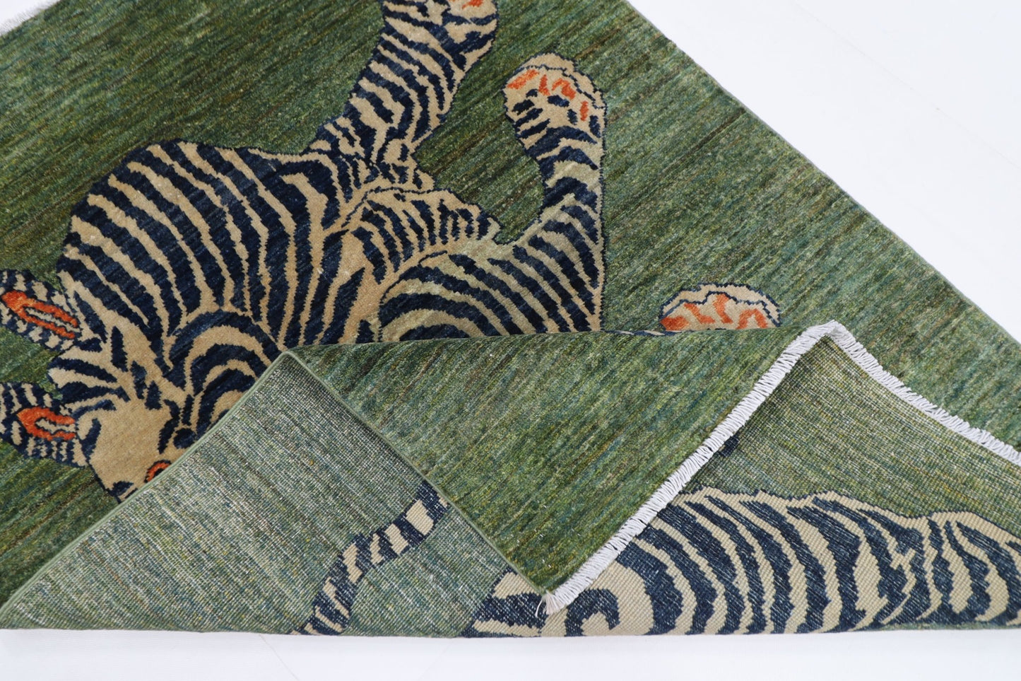 103 x 148 cm | Tribal Tiger Green Area Rug Afghan Hand Knotted veg Dye Wool carpet - ART WOOL CARPET