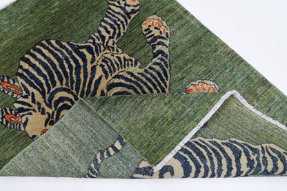 103 x 148 cm | Tribal Tiger Green Area Rug Afghan Hand Knotted veg Dye Wool carpet - ART WOOL CARPET