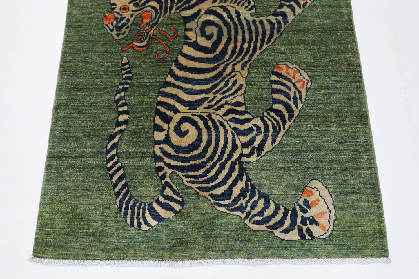 103 x 148 cm | Tribal Tiger Green Area Rug Afghan Hand Knotted veg Dye Wool carpet - ART WOOL CARPET