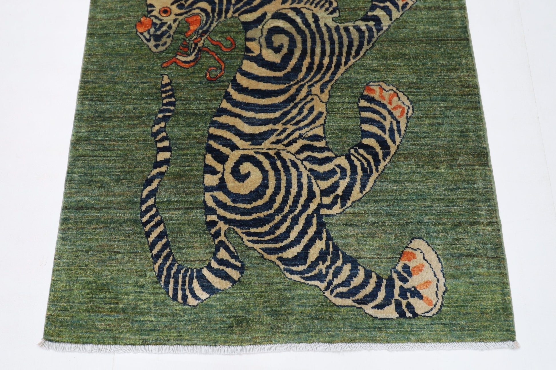 103 x 148 cm | Tribal Tiger Green Area Rug Afghan Hand Knotted veg Dye Wool carpet - ART WOOL CARPET