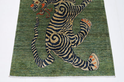 103 x 148 cm | Tribal Tiger Green Area Rug Afghan Hand Knotted veg Dye Wool carpet - ART WOOL CARPET