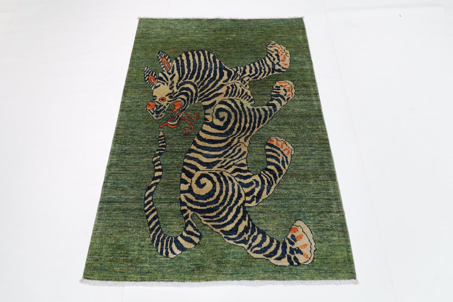 103 x 148 cm | Tribal Tiger Green Area Rug Afghan Hand Knotted veg Dye Wool carpet - ART WOOL CARPET