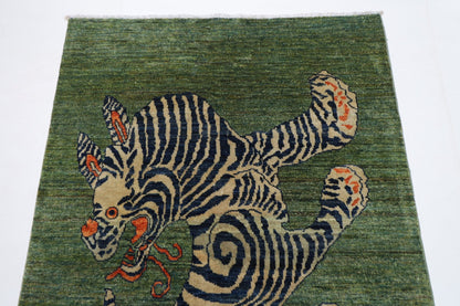 103 x 148 cm | Tribal Tiger Green Area Rug Afghan Hand Knotted veg Dye Wool carpet - ART WOOL CARPET