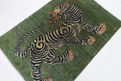 103 x 148 cm | Tribal Tiger Green Area Rug Afghan Hand Knotted veg Dye Wool carpet - ART WOOL CARPET